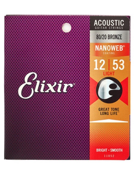 Elixir Nanoweb 80/20 Bronze  - Light (12-53)  pour guitare acoustique folk