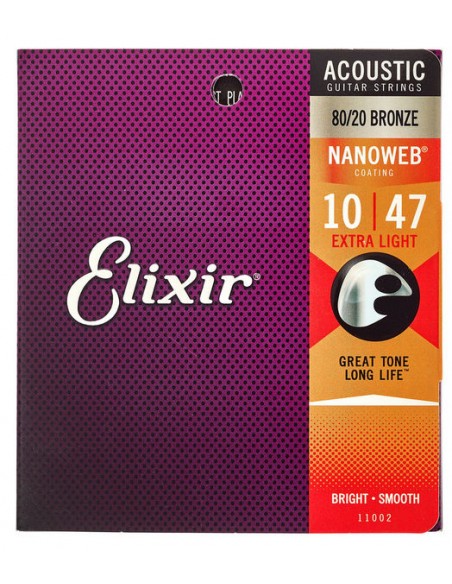 Elixir Nanoweb 80/20 Bronze pour guitare acoustique folk - Extra Light (10-47)