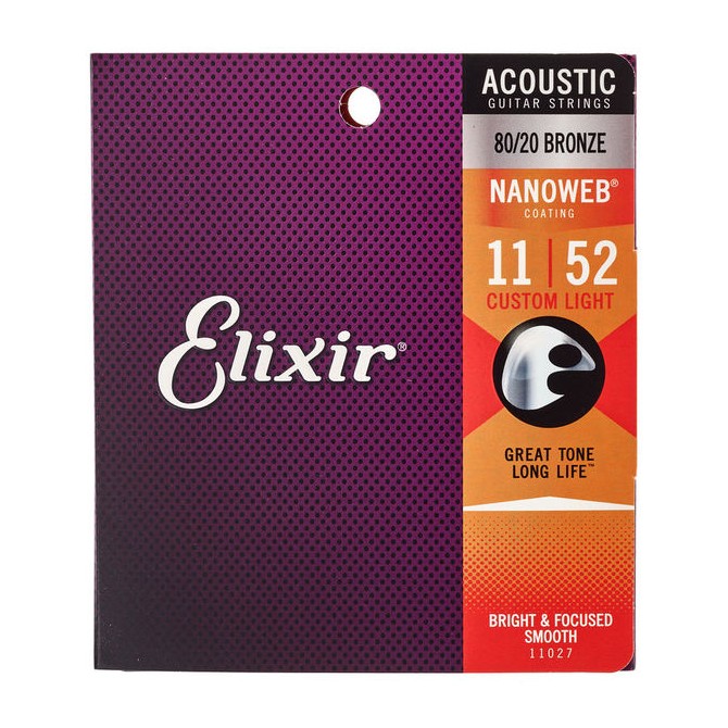 Elixir 11027 Nanoweb 80/20 Bronze Pour Guitare Acoustique Folk - Custom Light (11-52)