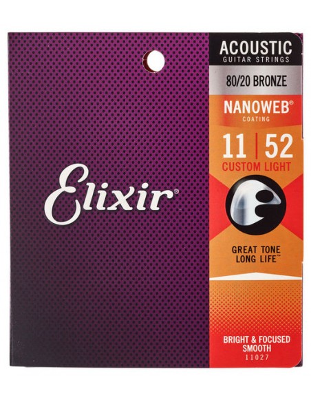 Elixir 11027 Nanoweb 80/20 Bronze Pour Guitare Acoustique Folk - Custom Light (11-52)